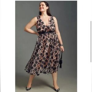 NWT Anthropologie 3D Floral Appliqué Tulle Midi Dress In Black/ Blush Size 16W